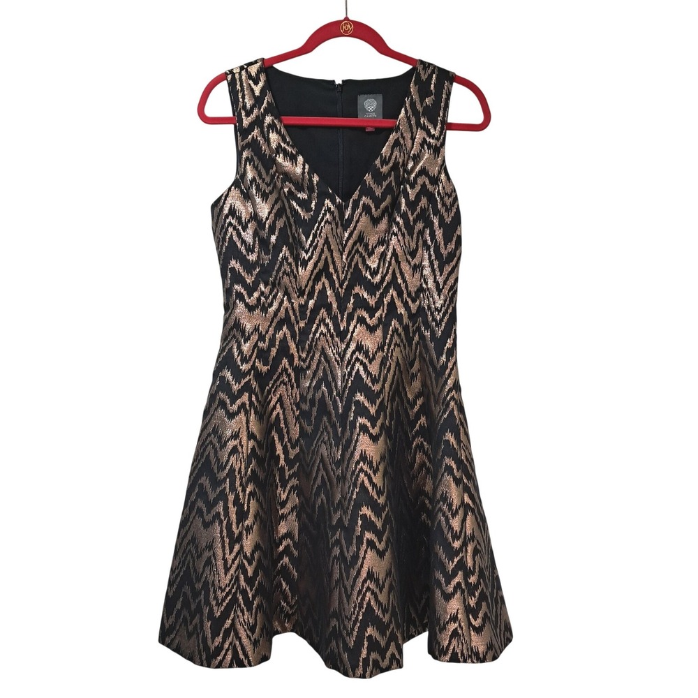 Vince Camuto Rose Gold Black Metallic Chevron Fit Flare Dress Womens 4 VC3U3533